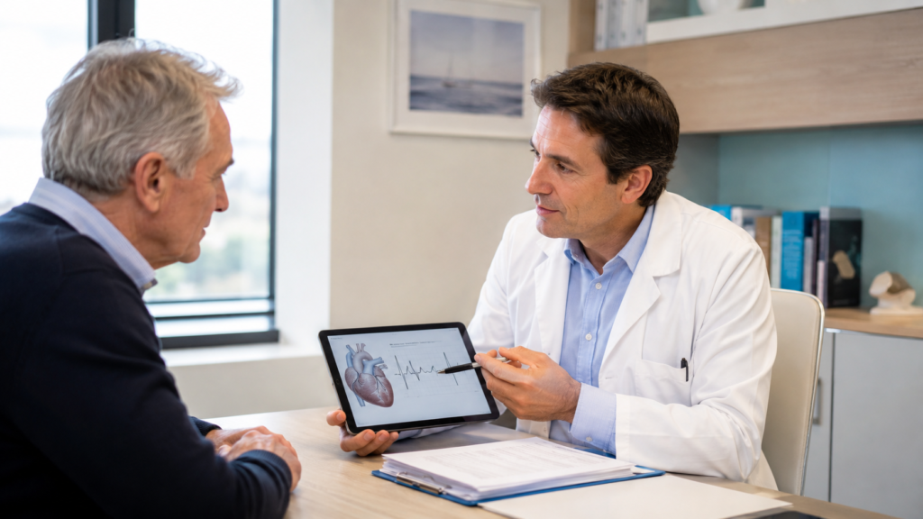 alt="Pacemaker cardiaque expliqué par un rythmologue lors d’une consultation médicale