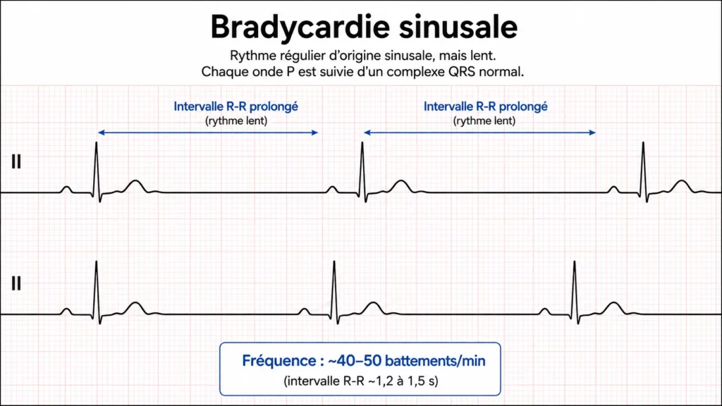Schéma ECG pédagogique montrant une bradycardie sinusale avec rythme régulier, intervalles R-R prolongés et fréquence lente.