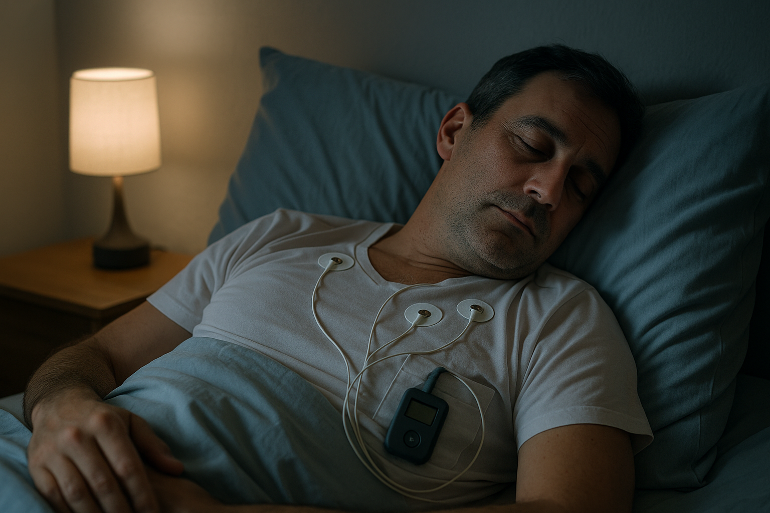Homme dormant paisiblement avec un holter ECG, électrodes visibles sur le torse dans une chambre éclairée par une lampe de chevet.
