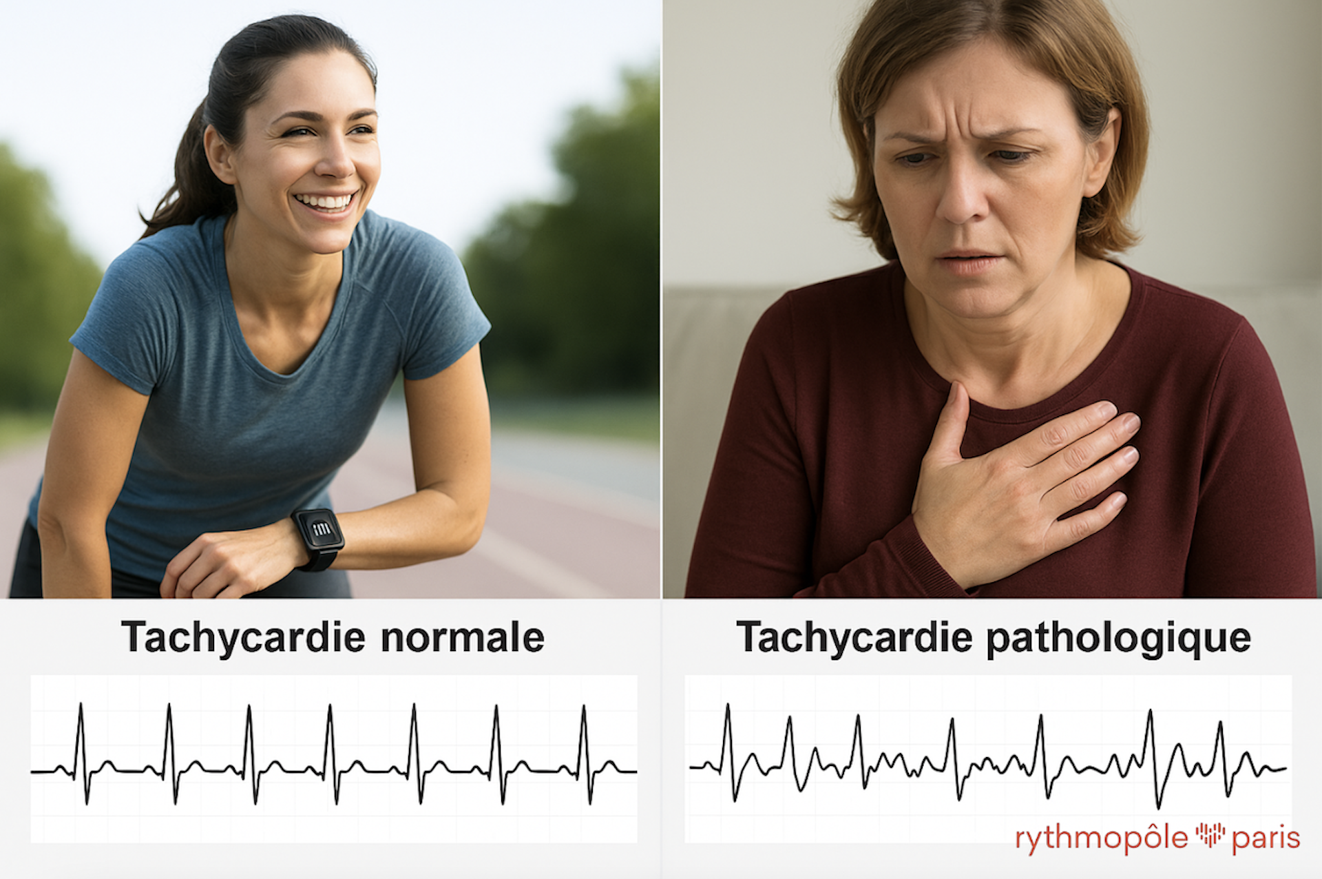 Comparaison tachycardie sport normale après effort et tachycardie pathologique avec tracés ECG.