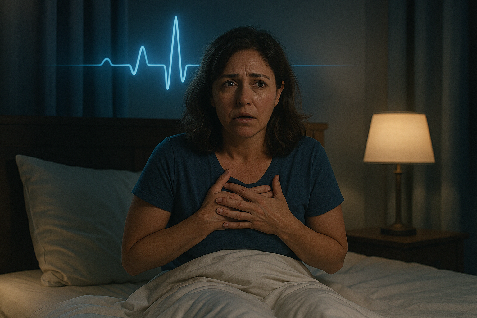 Femme d’âge moyen assise dans son lit, mains sur la poitrine, inquiète des palpitations la nuit, avec ECG projeté en arrière-plan.