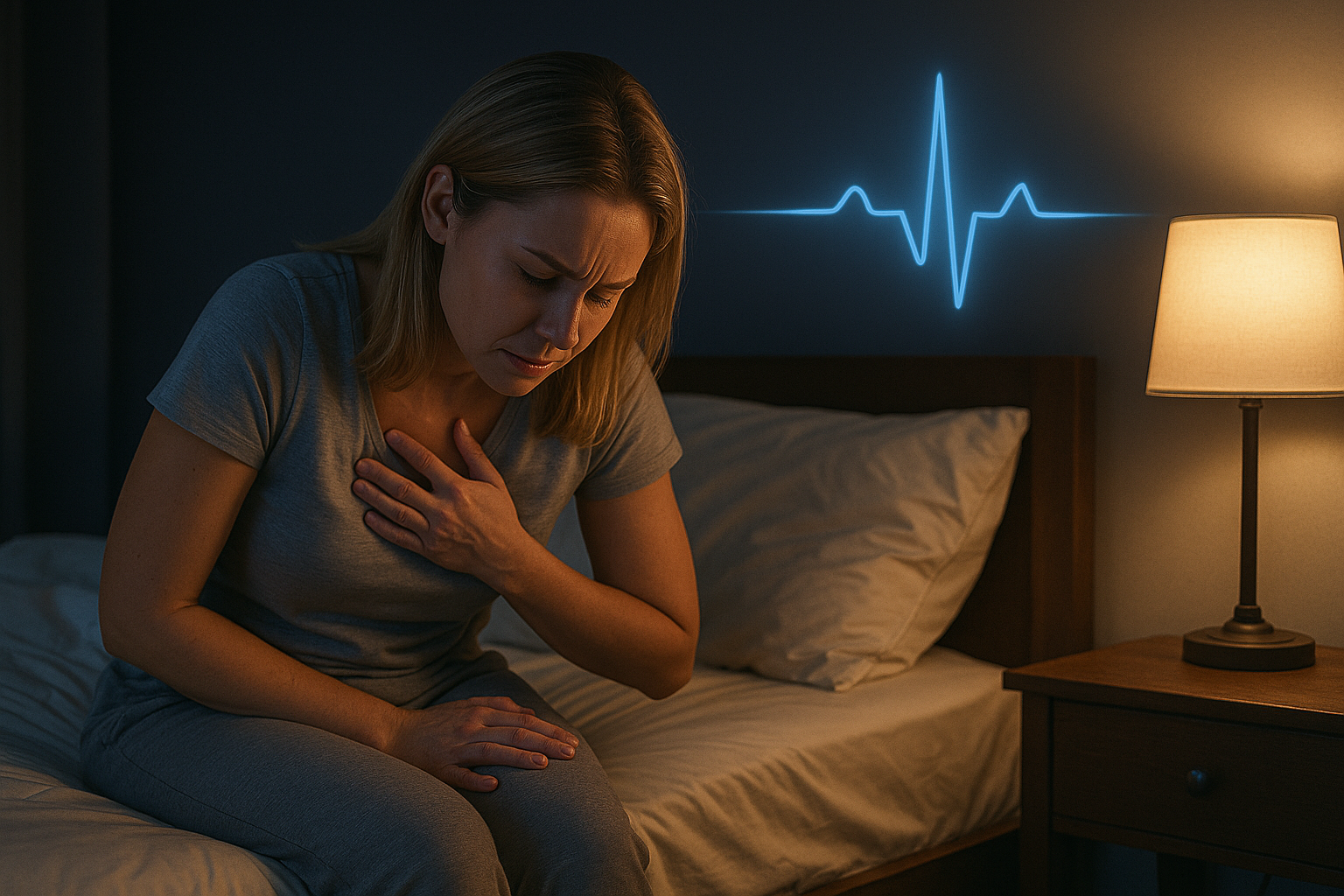 Femme blonde assise au bord du lit, main sur la poitrine, souffrant de palpitations la nuit, décor médicalisé avec tracé cardiaque.