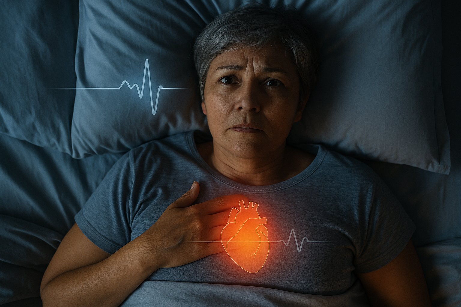 Femme d’une cinquantaine d’années, cheveux gris, allongée et inquiète, avec cœur rougeoyant et ECG, symbole des palpitations la nuit.