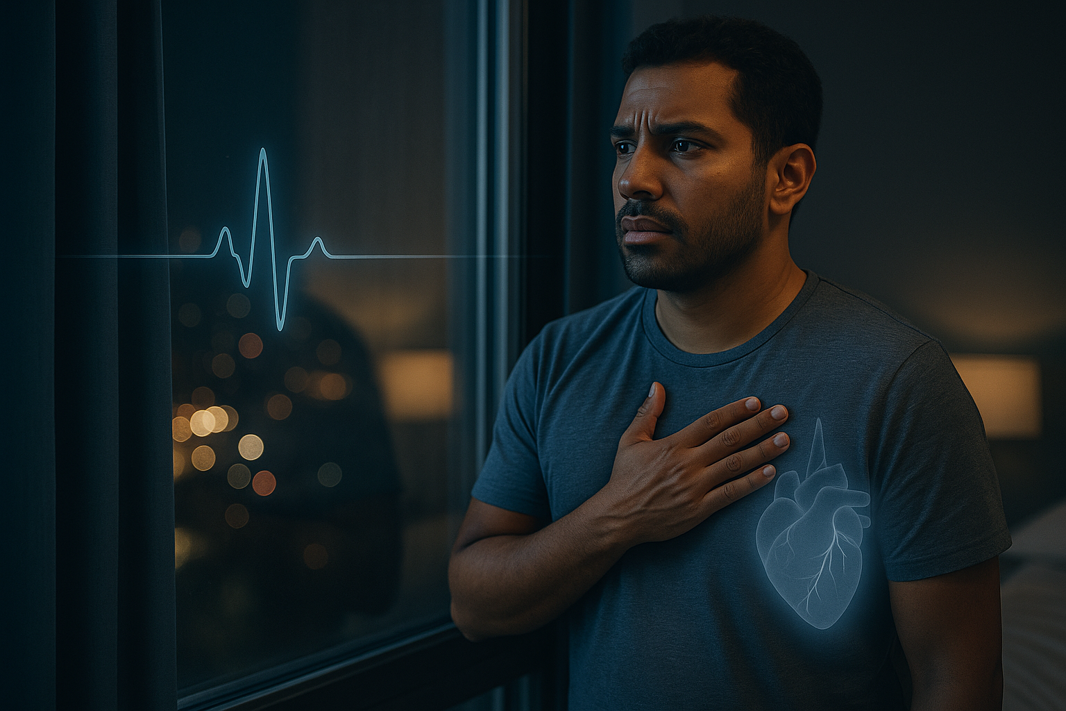 Homme trentenaire debout face à une fenêtre, main sur la poitrine, avec reflet ECG, illustrant les palpitations la nuit dans un contexte urbain.