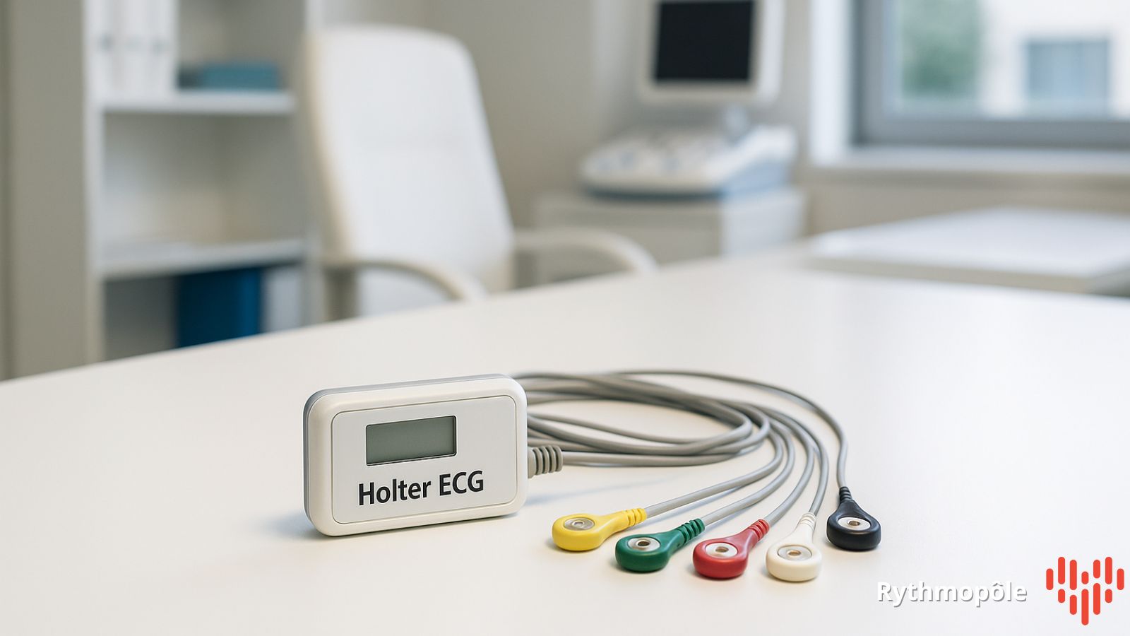 Appareil médical holter ECG posé sur une table avec ses électrodes colorées prêtes à l’utilisation.