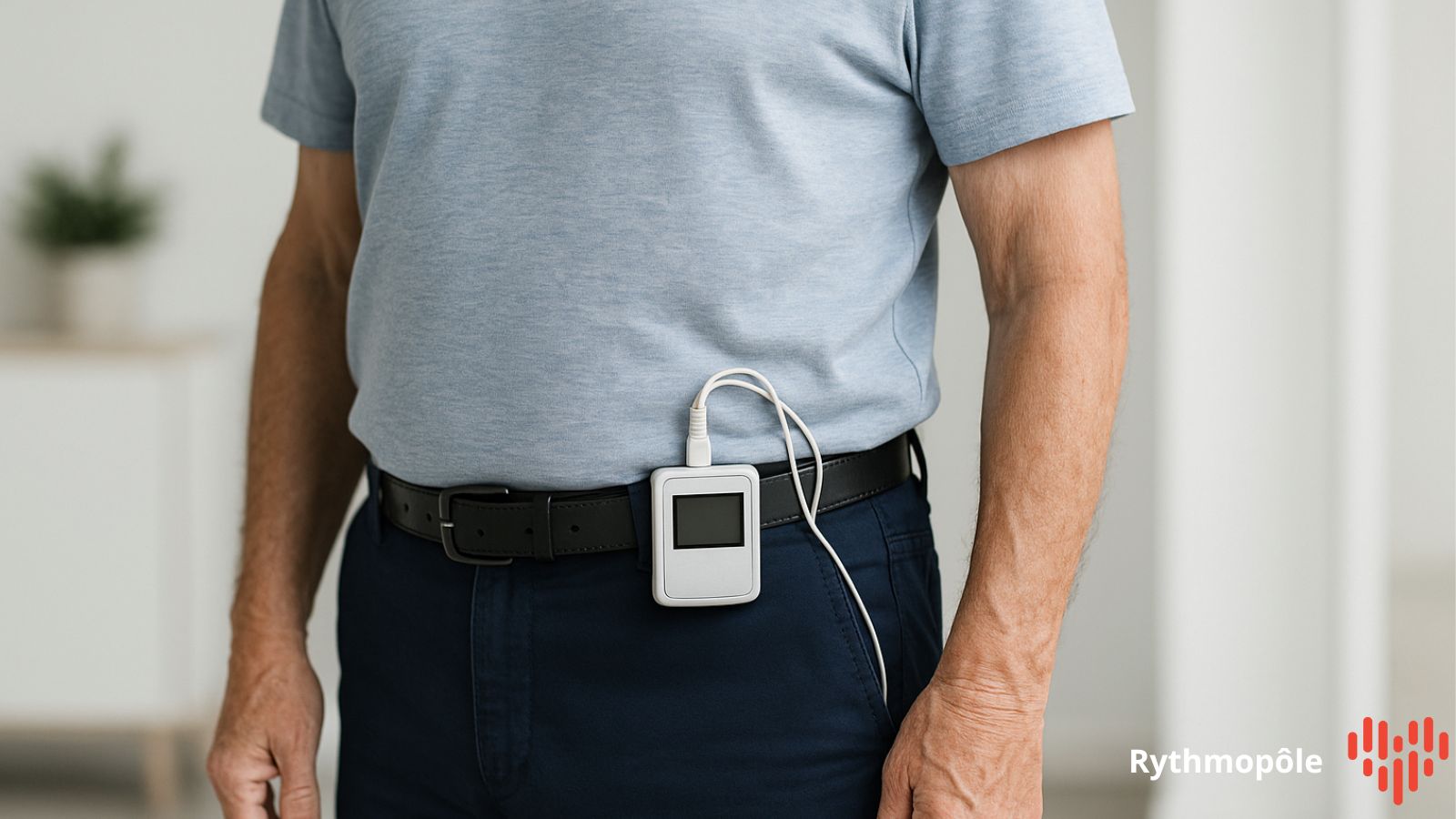 Patient portant un holter ECG fixé à la ceinture pour l’enregistrement continu du rythme cardiaque.