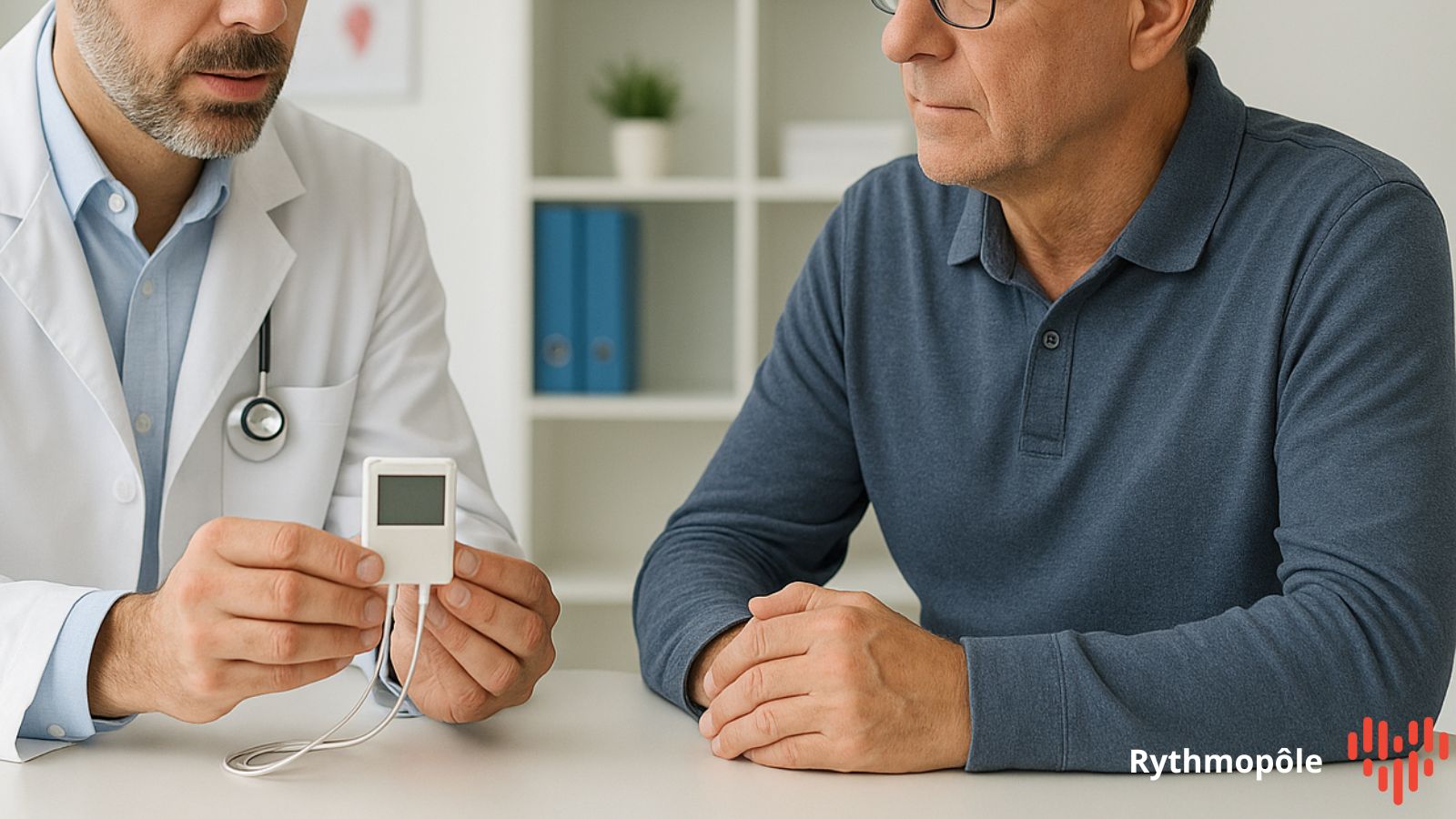 Médecin en consultation expliquant le fonctionnement d’un holter ECG à un patient.