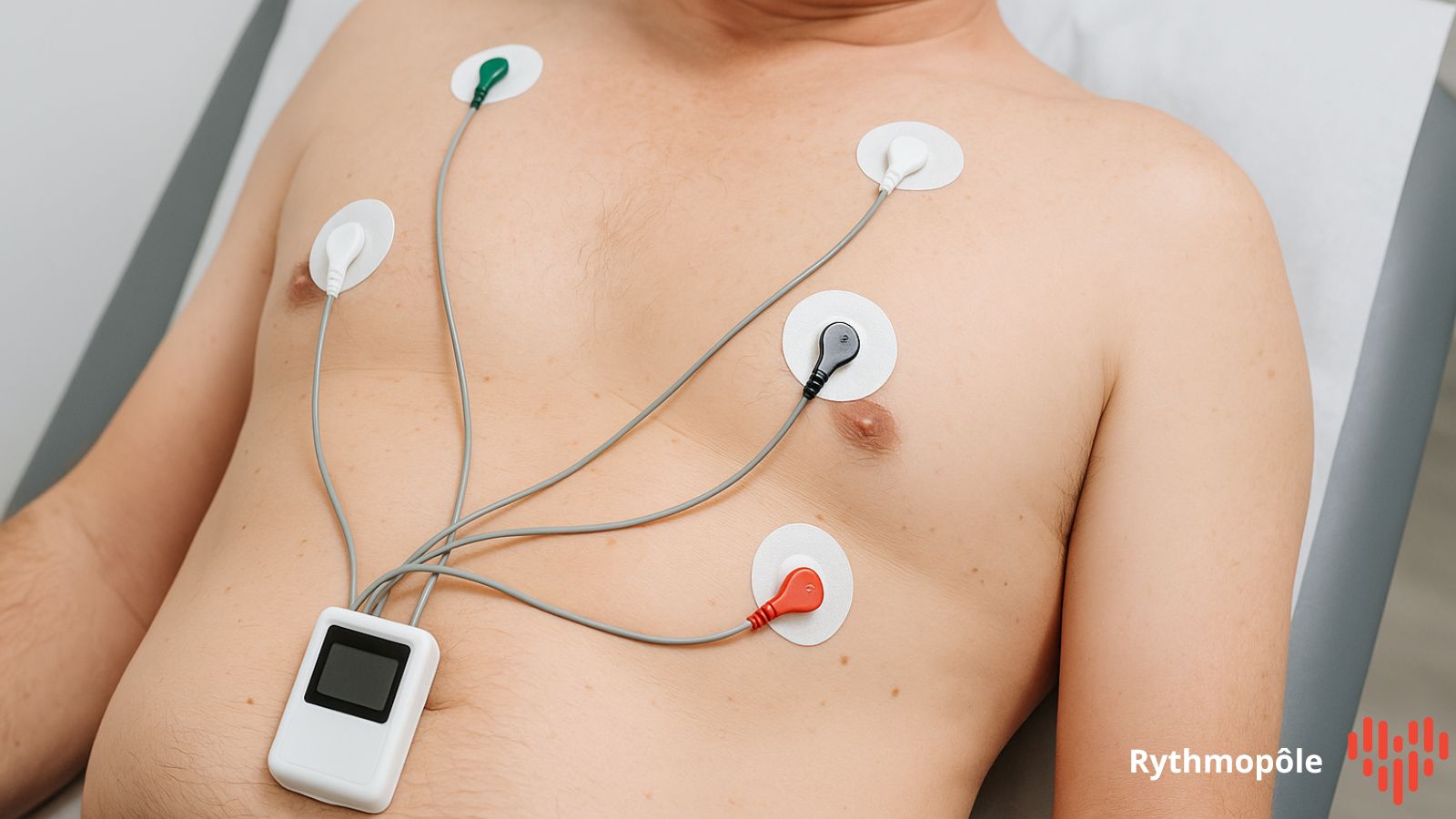 Holter ECG en place avec électrodes positionnées sur le torse d’un patient pour mesurer l’activité cardiaque.
