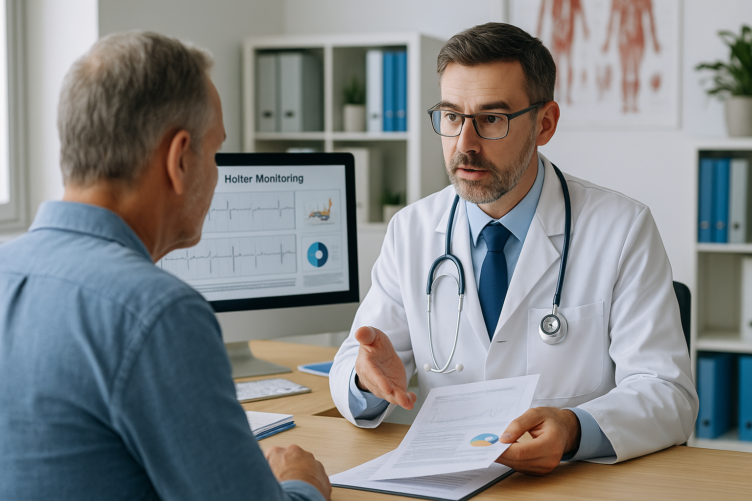 Un rythmologue explique les résultats d’un Holter cardiaque à son patient dans un bureau médical.