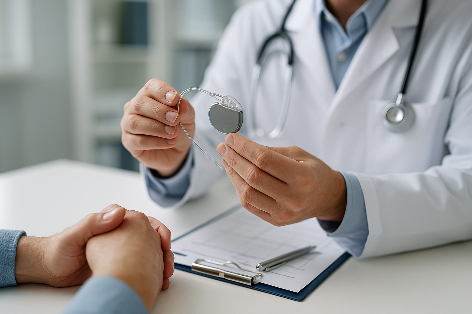 Gros plan sur un rythmologue présentant un pacemaker lors d’une consultation cardiologique.