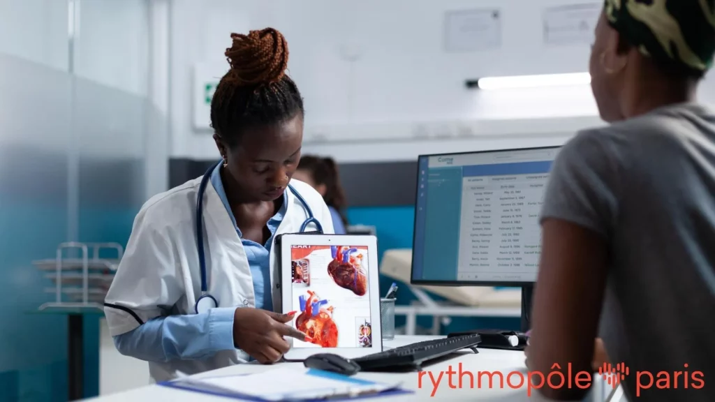 Rythmologue et patient discutant de l’indication d’un pacemaker en fibrillation auriculaire en consultation