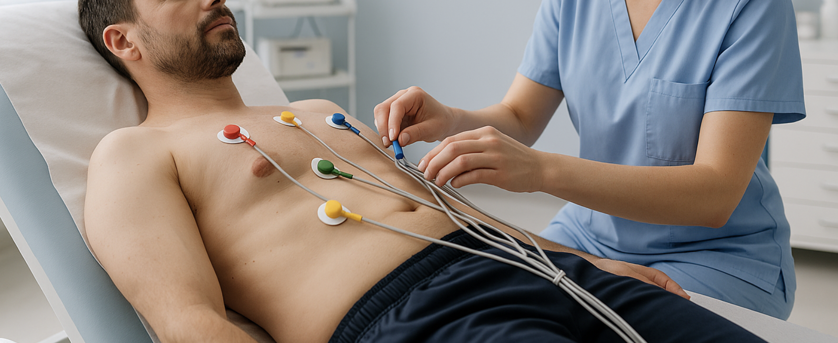 Patient allongé préparé par une infirmière pour un examen cardiaque supervisé par un rythmologue Paris.