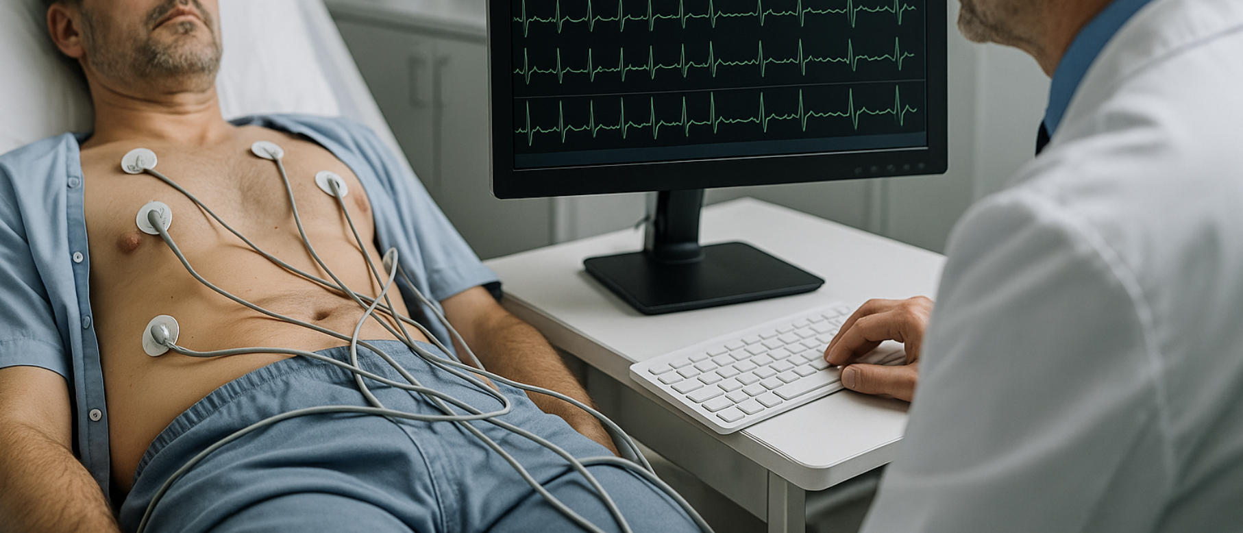 Examen électrocardiographique supervisé par un rythmologue Paris dans un environnement médical réaliste.
