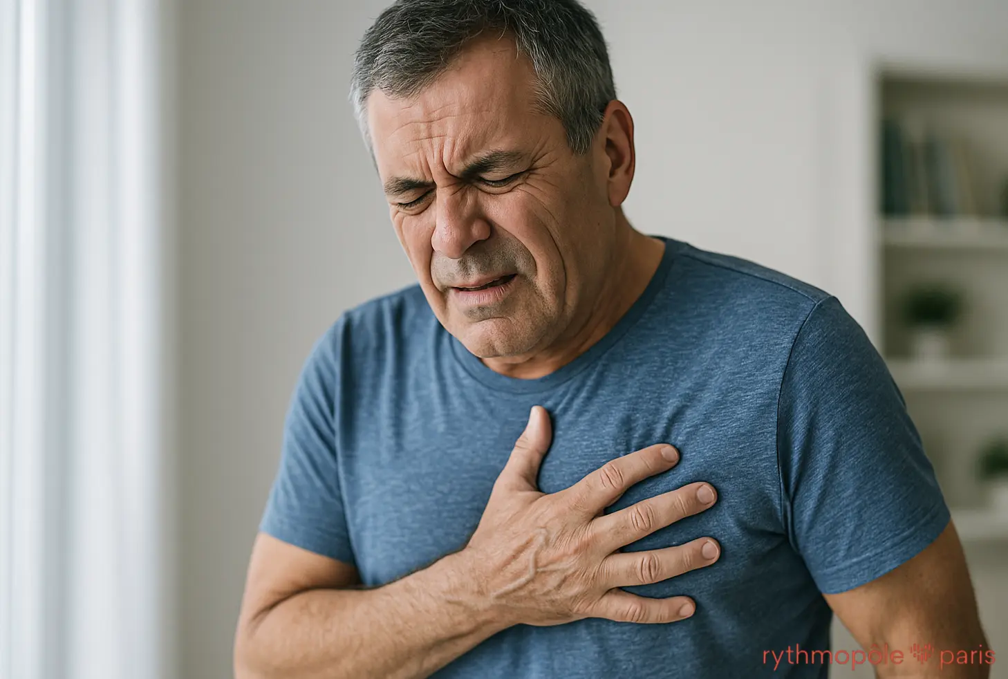 Homme âgée ressentant des palpitations et un essoufflement liés à une fibrillation auriculaire, assise sur un canapé, illustrant les symptômes typiques de cette arythmie cardiaque.