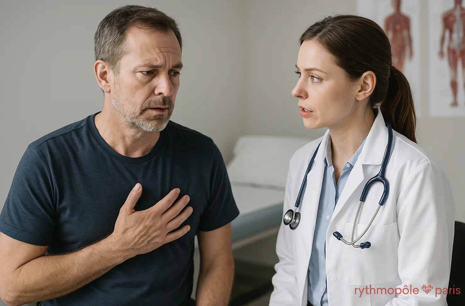 rythmologue discutant avec un patient lors d'un examen