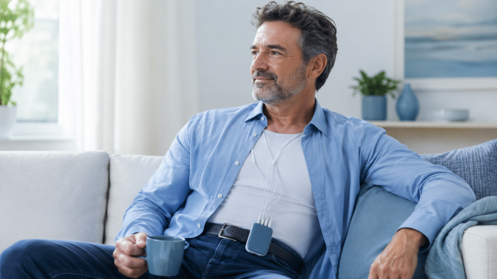 Patient portant un Holter ECG pour enregistrer son rythme cardiaque sur 24 heures