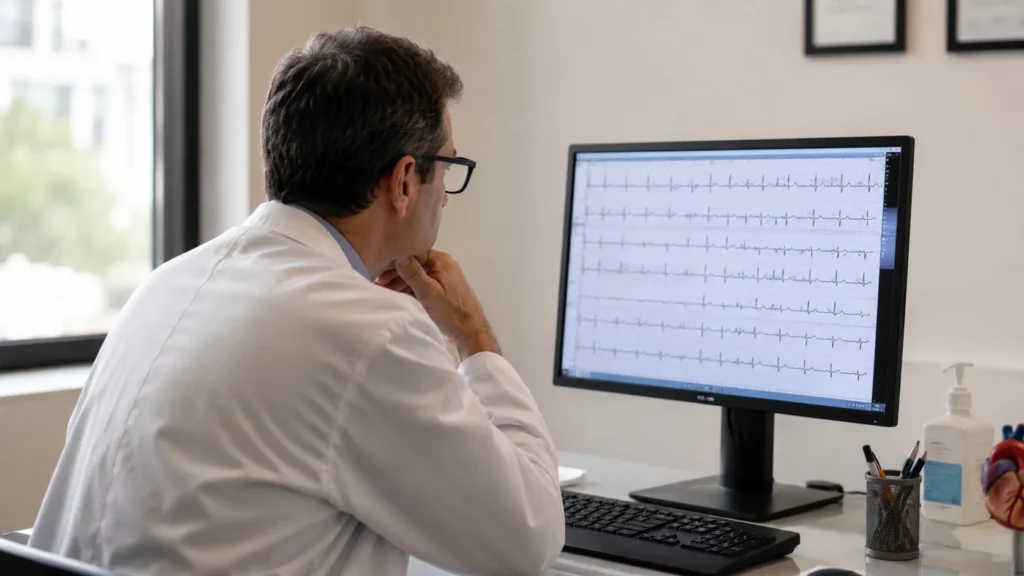 Rythmologue analysant un ECG dans un centre de cardiologie moderne.