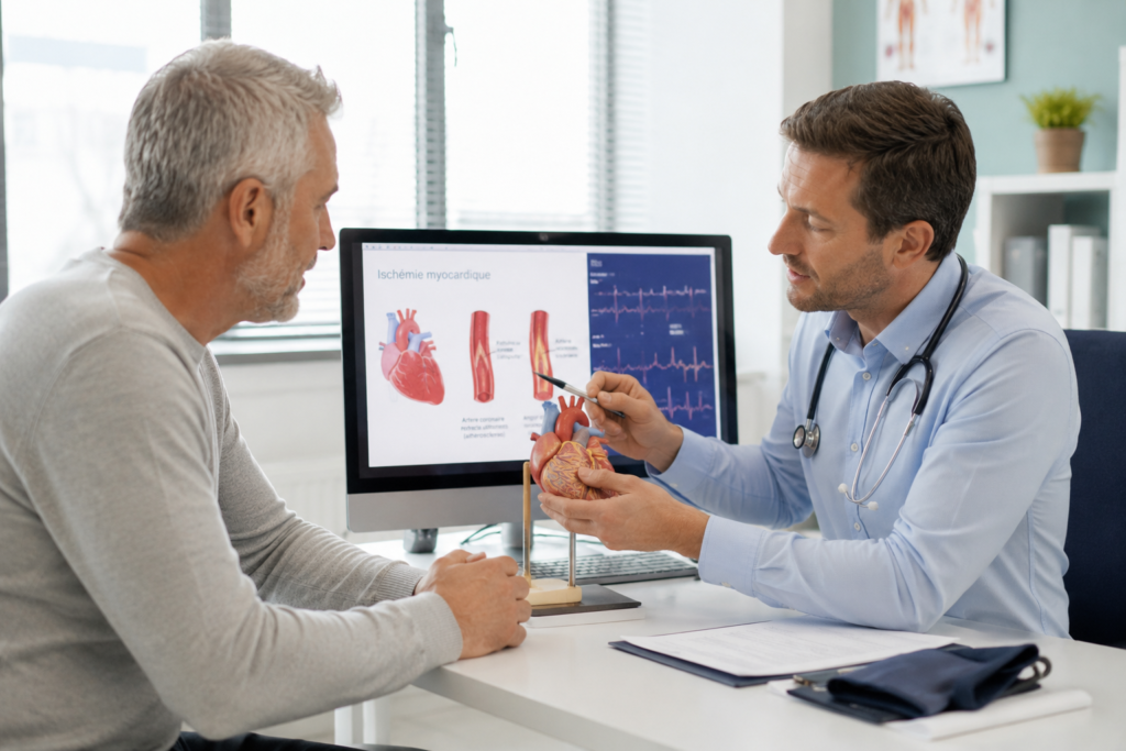 Cardiologue expliquant une ischémie myocardique à un patient lors d’une consultation, à l’aide d’un modèle anatomique du cœur et d’un électrocardiogramme