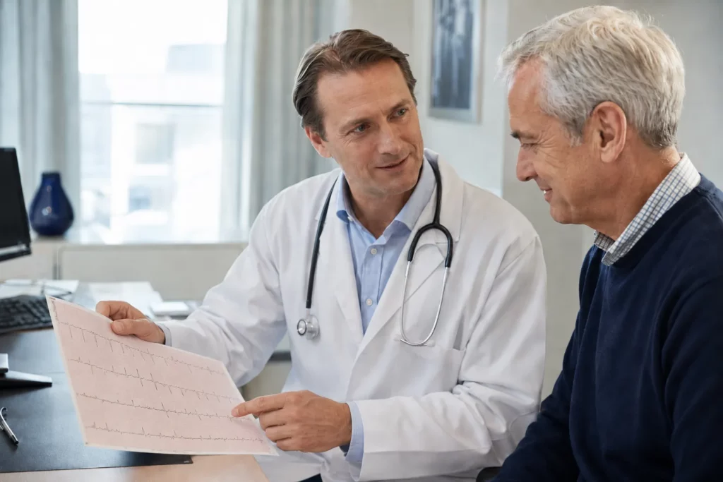 Interprétation d'un électrocardiogramme montrant un bloc de branche droit en consultation de rythmologie