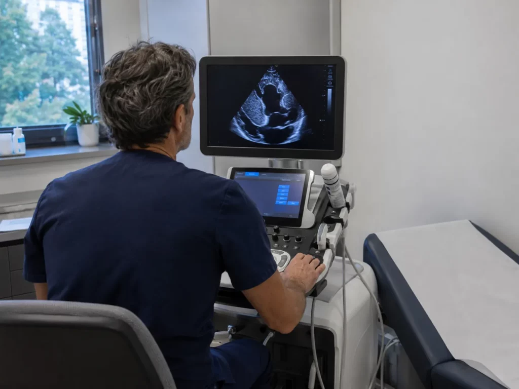 Cardiologue en blouse bleu marine examinant une échographie cardiaque montrant un ventricule gauche épaissi dans un cabinet médical