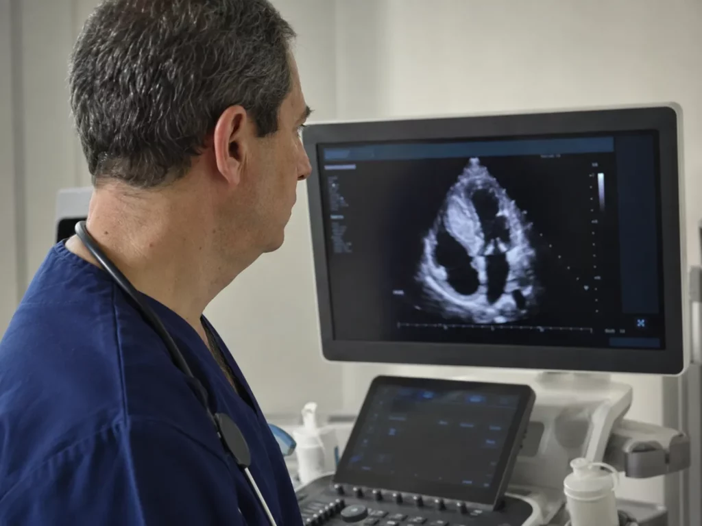 Cardiologue en blouse bleu marine examinant une échographie cardiaque montrant un ventricule gauche épaissi dans un cabinet médical
