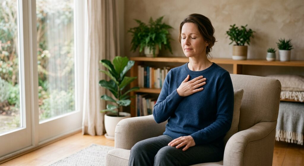 Femme assise près d’une fenêtre, une main sur la poitrine, pratiquant une respiration lente pour calmer des palpitations