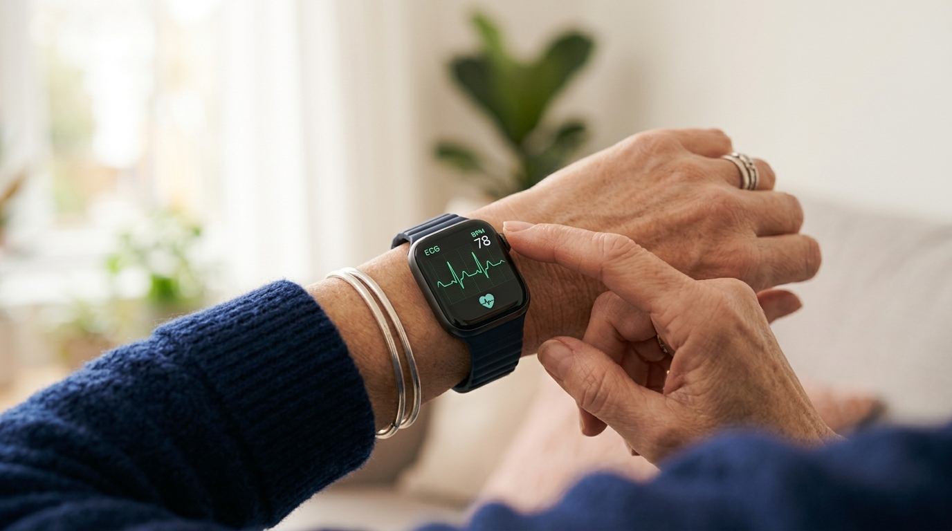 Montre connectée au poignet affichant un électrocardiogramme et une fréquence de 78 battements par minute
