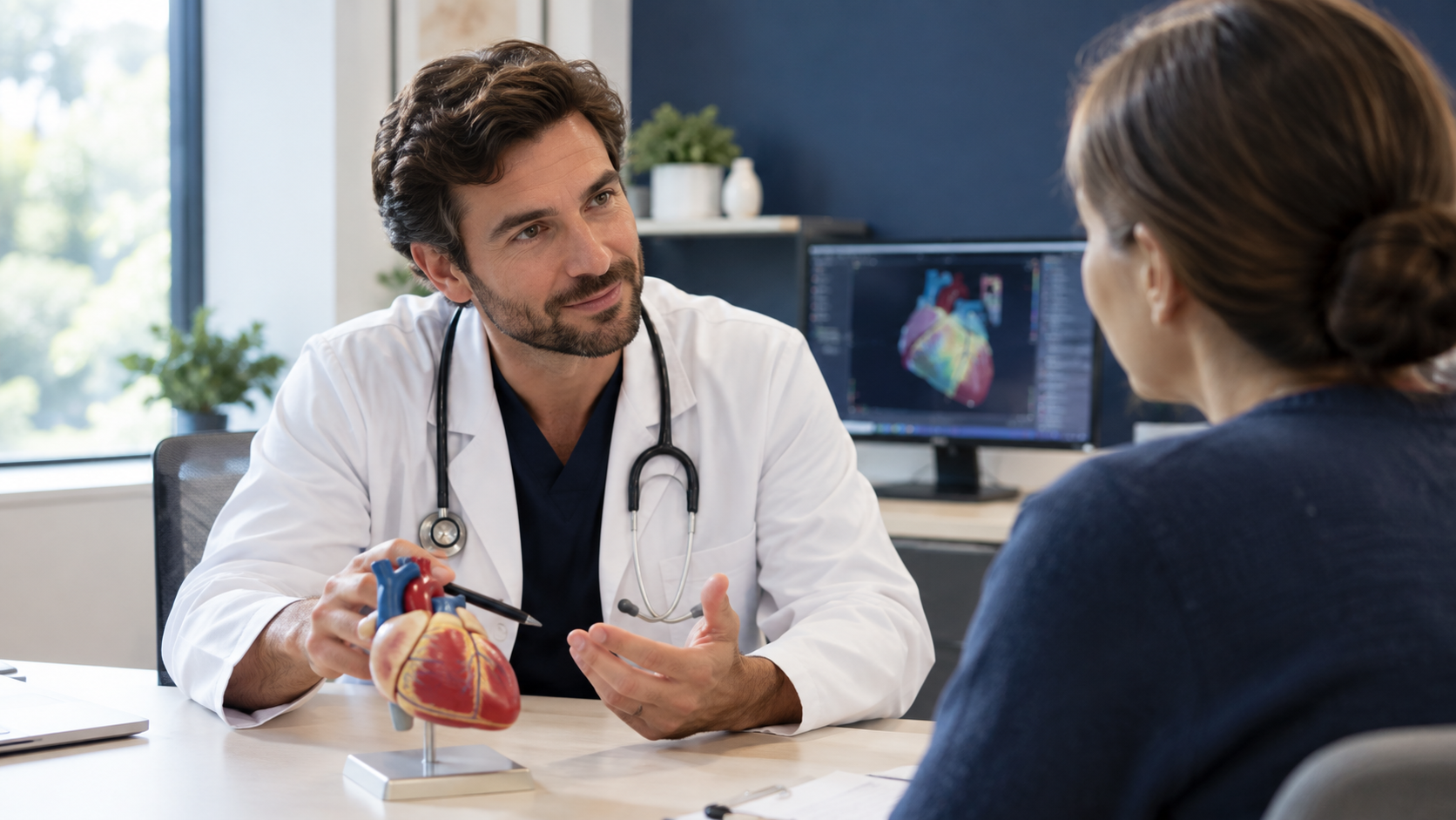 Cardiologue rythmologue expliquant l'ablation par électroporation à un patient en consultation
